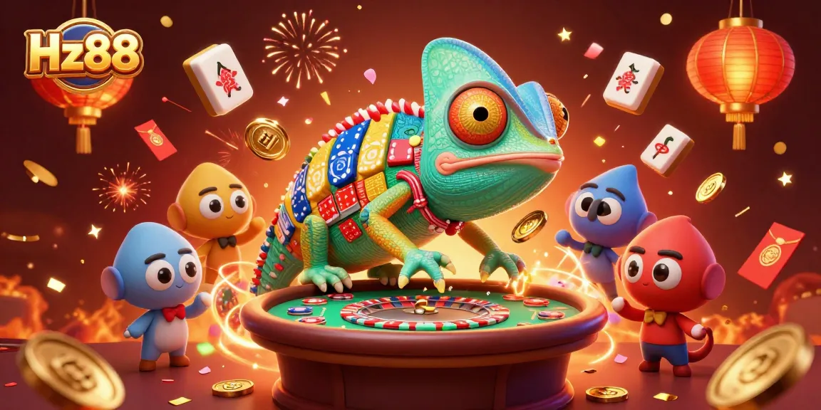 Join the thrilling game with Hz88 at a vibrant casino scene featuring a colorful chameleon owner.