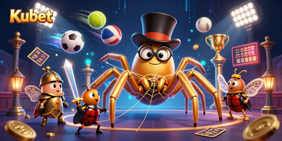 Kubet players enjoying thrilling moments as a giant golden tarantula weaves a web in a vibrant 3D casino scene.