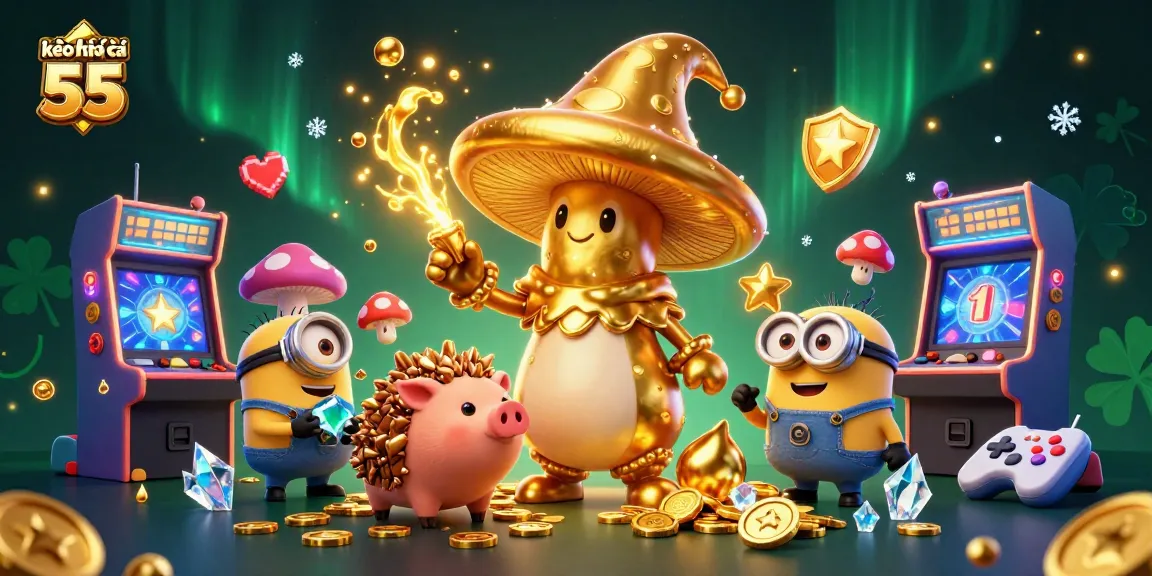 Win big with kèo nhà cái 55, featuring a golden mushroom wizard and treasure-gathering minions in an exciting casino scene.