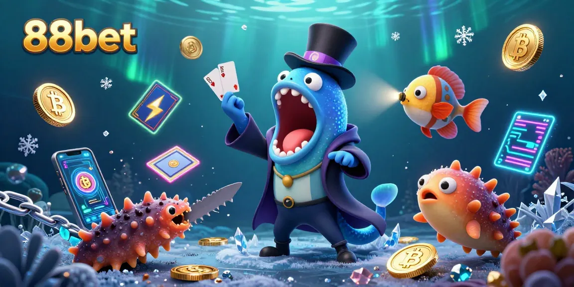 Experience thrilling gaming at 88bet with a lively underwater casino illustration featuring card tricks and crypto elements.