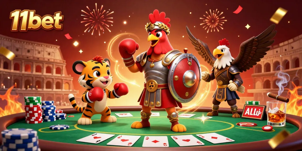 Experience the excitement of betting at 11bet with a lively illustration depicting a rooster and sparring cub in a vibrant casino.