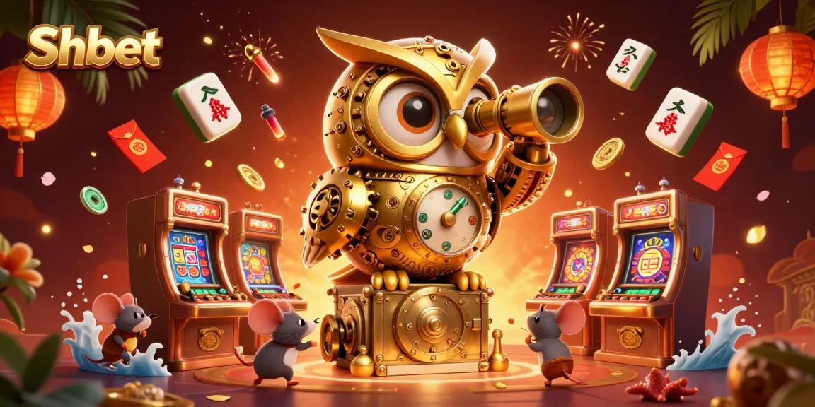 Engage with Shbet using a whimsical casino scene of a clockwork owl watching over vibrant games.
