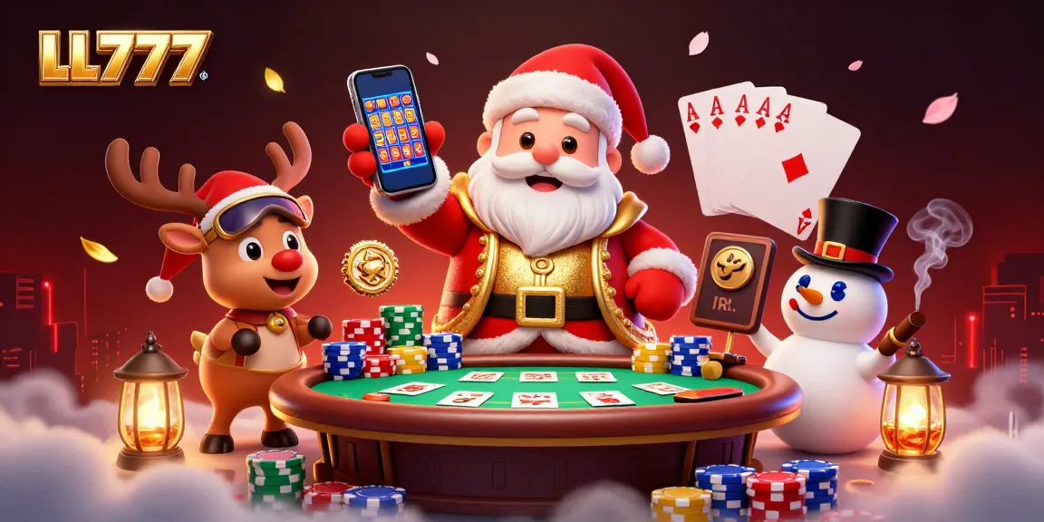 Spin slots and win big with LL777 in a vibrant casino illustration featuring Santa and friends.