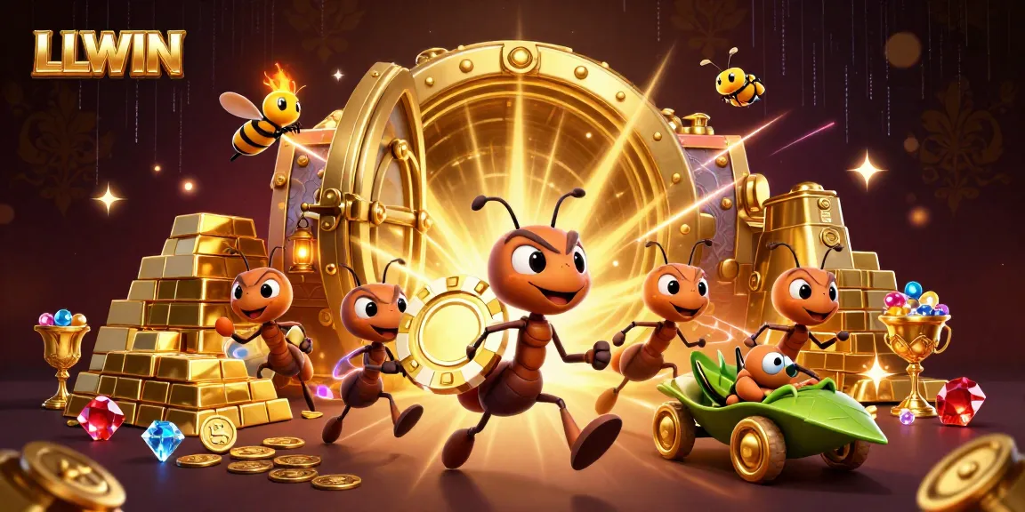 LLWIN showcases a thrilling heist with 3D cartoon ants transporting a giant poker chip, surrounded by treasure.