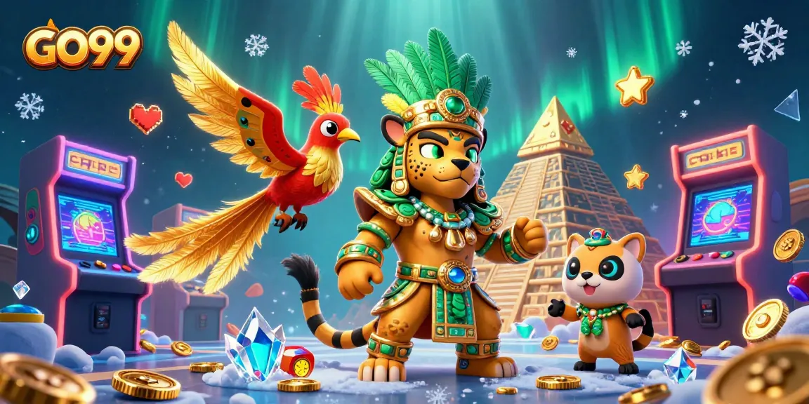 Experience vibrant gaming action at GO99 with a dynamic Mayan jaguar priest and colorful arcade elements.