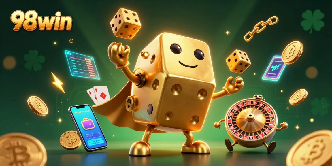 Join the excitement at 98win with an animated casino scene filled with vibrant crypto elements.